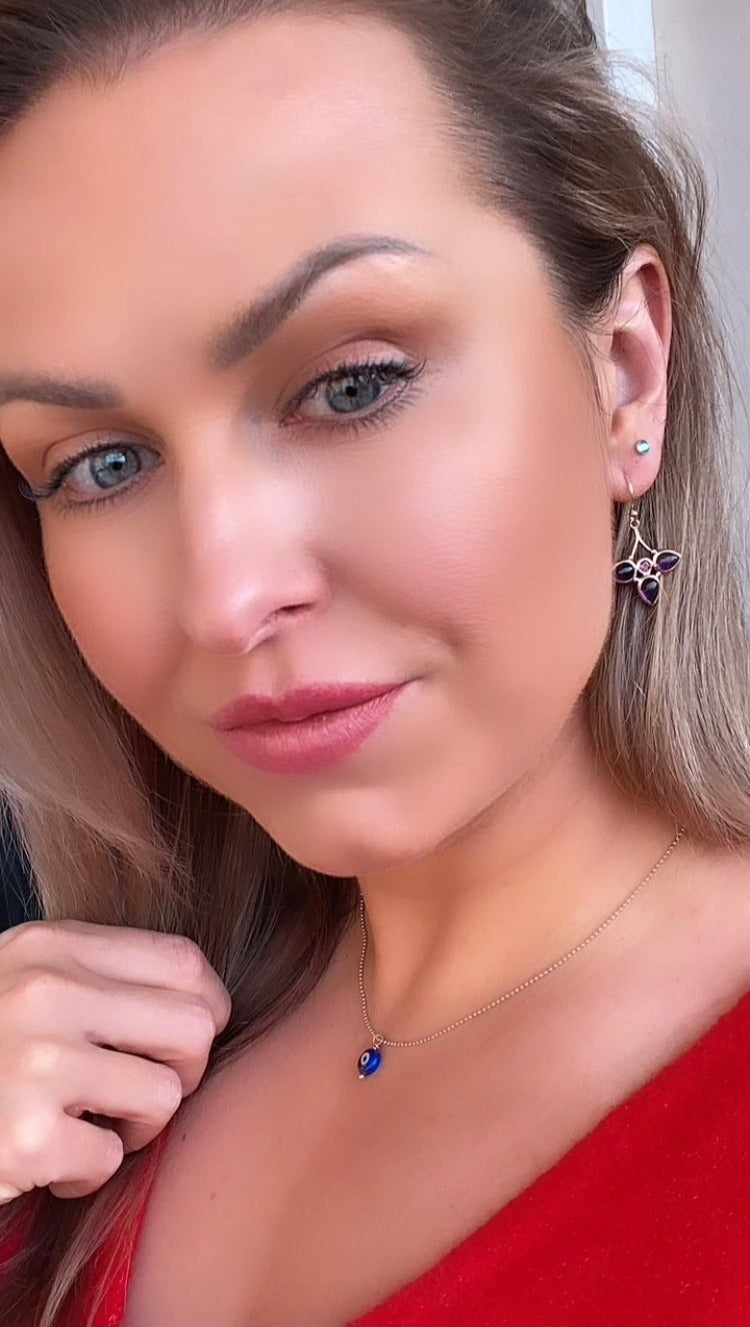 Purple Amethyst & Pink Tourmaline Dangle 14k Gold Earrings