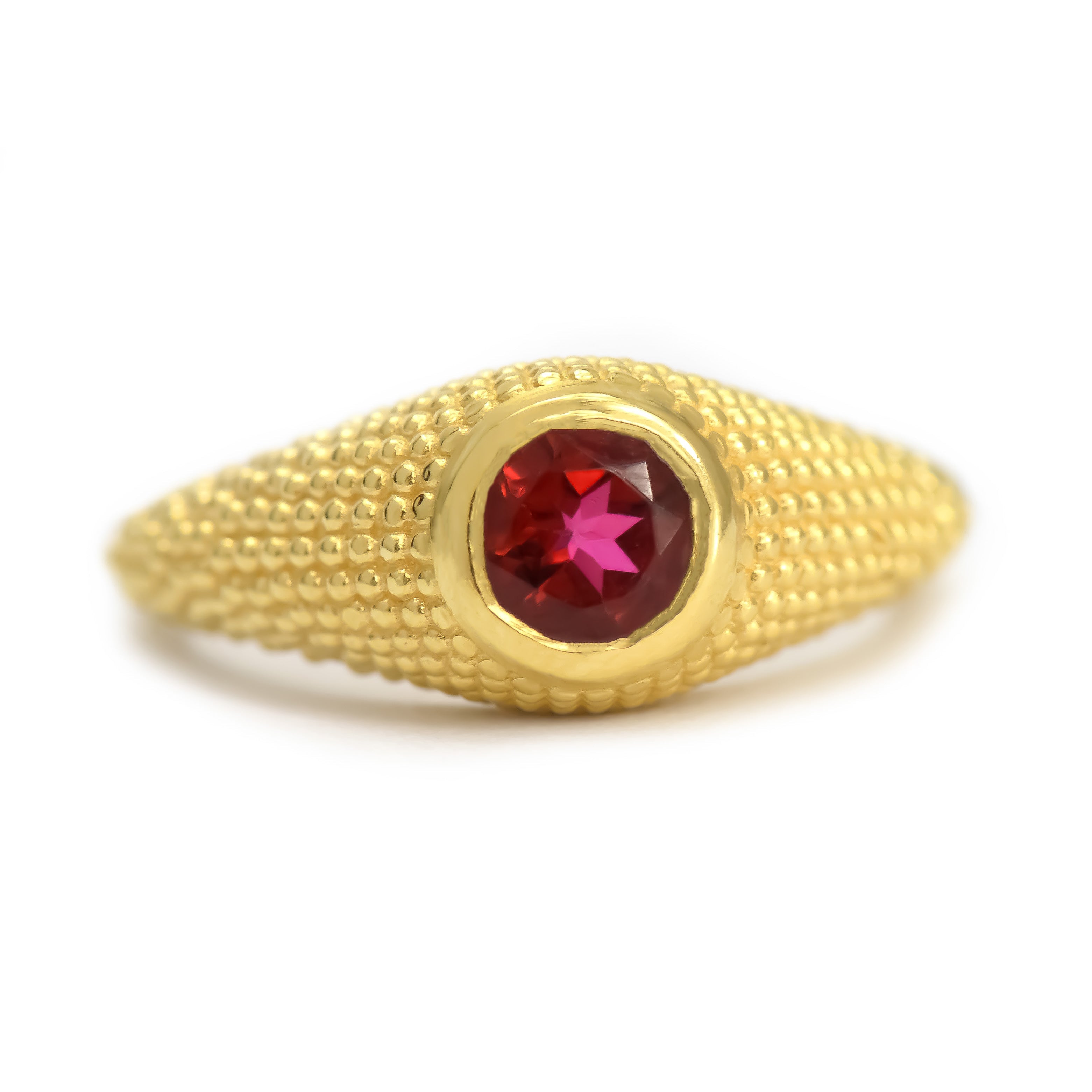 Bague Nubia en or jaune avec topaze rouge ronde, taille 7 US