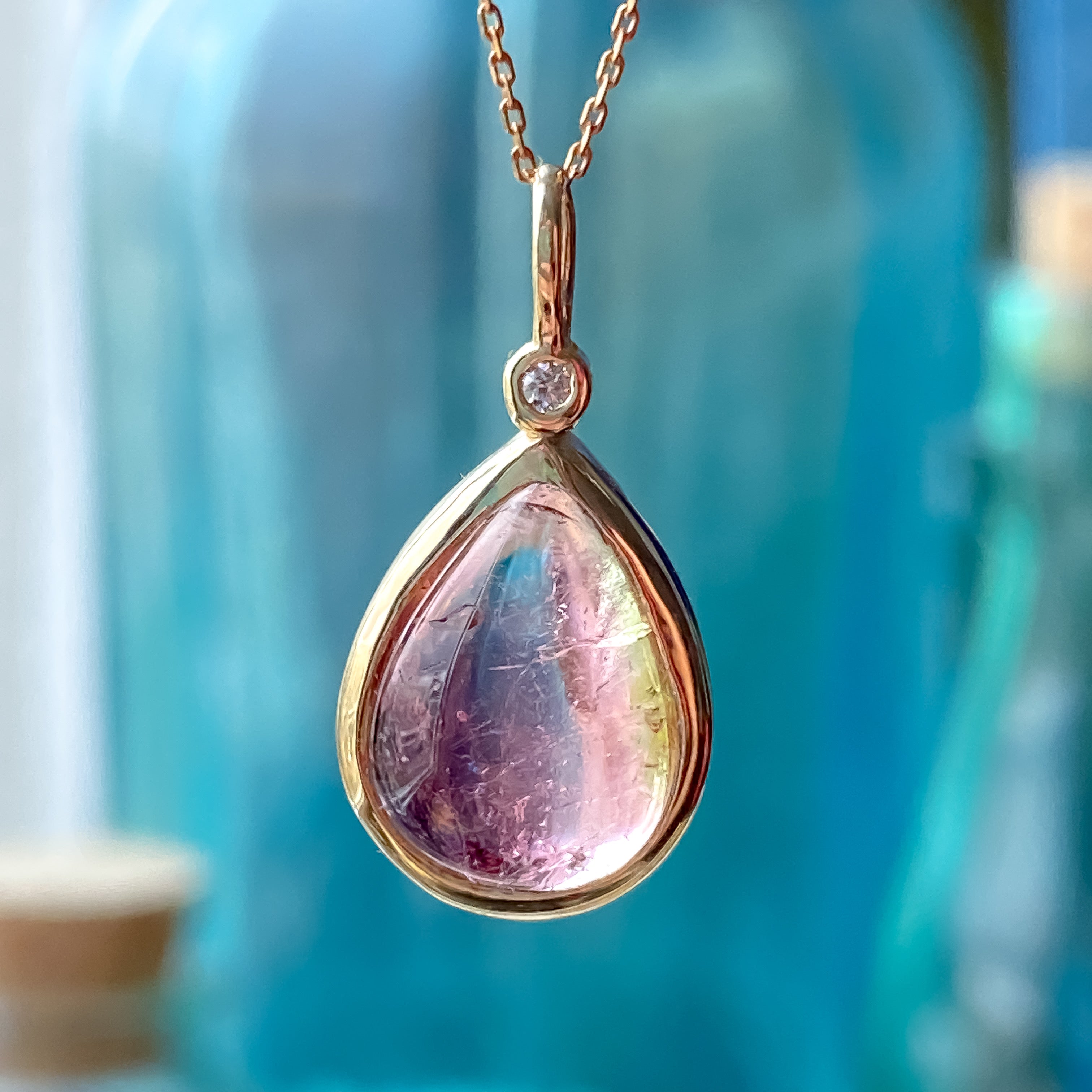 Pendentif en or jaune 14 carats avec tourmaline pastèque et diamants