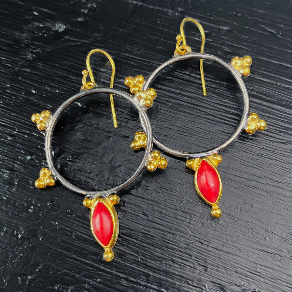 Red Coral Black & Gold Hoop Earrings Sterling Silver