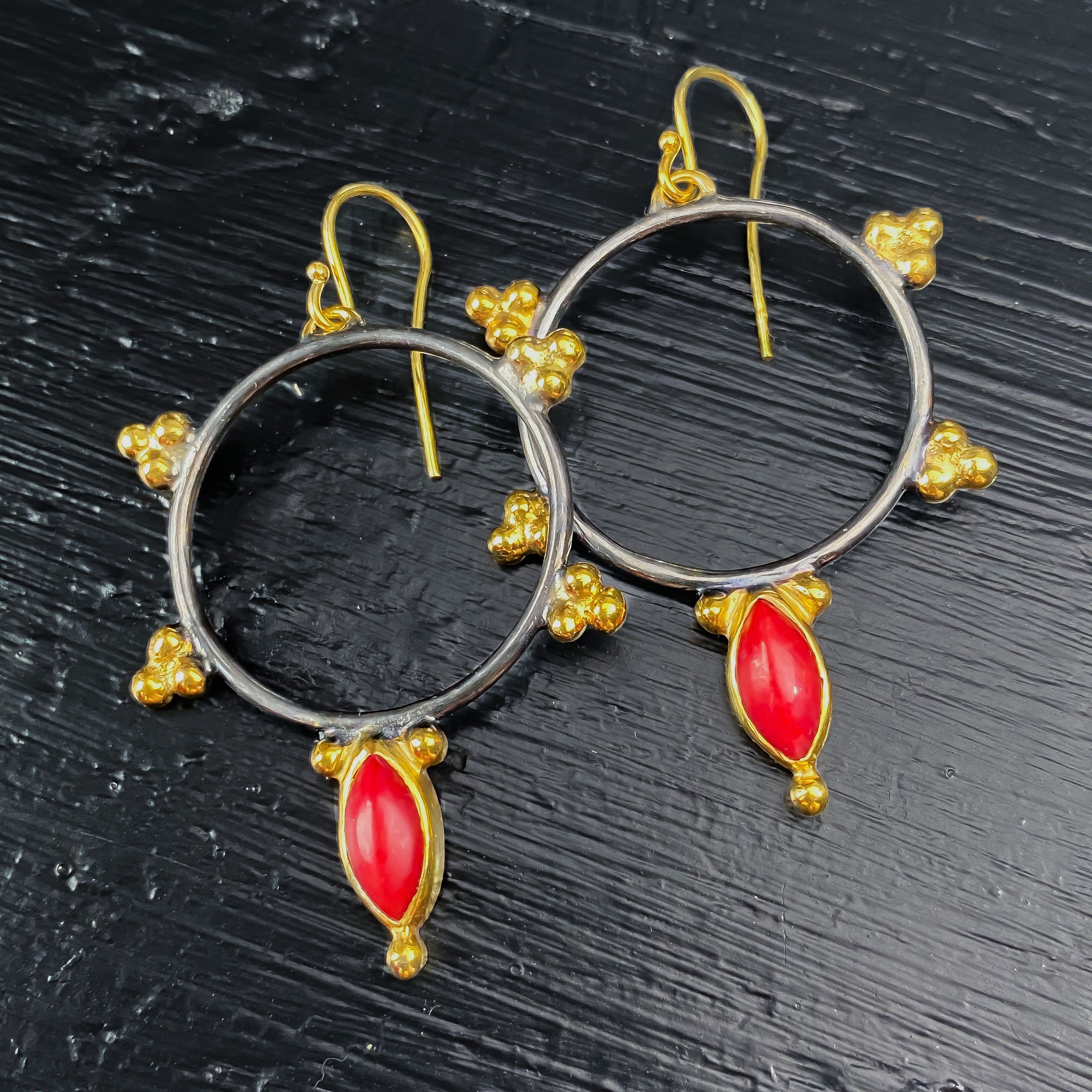 Red Coral Black & Gold Hoop Earrings Sterling Silver