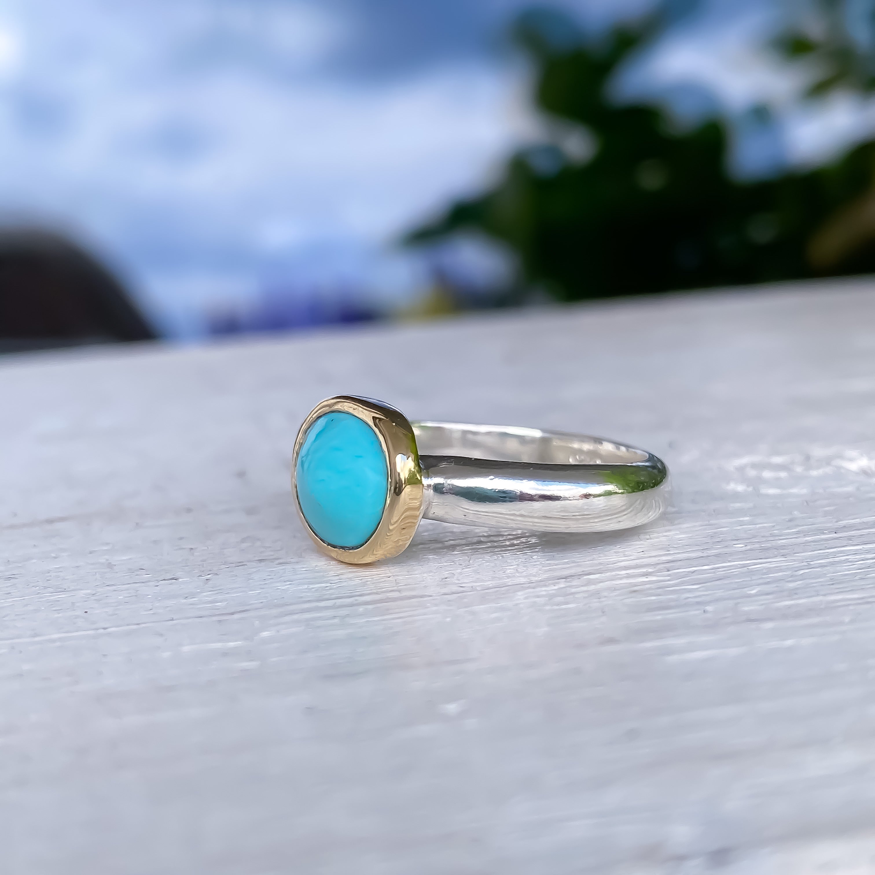 Bague en or 14 carats et argent sterling avec turquoise Sleeping Beauty, taille 6,75-7,75 US