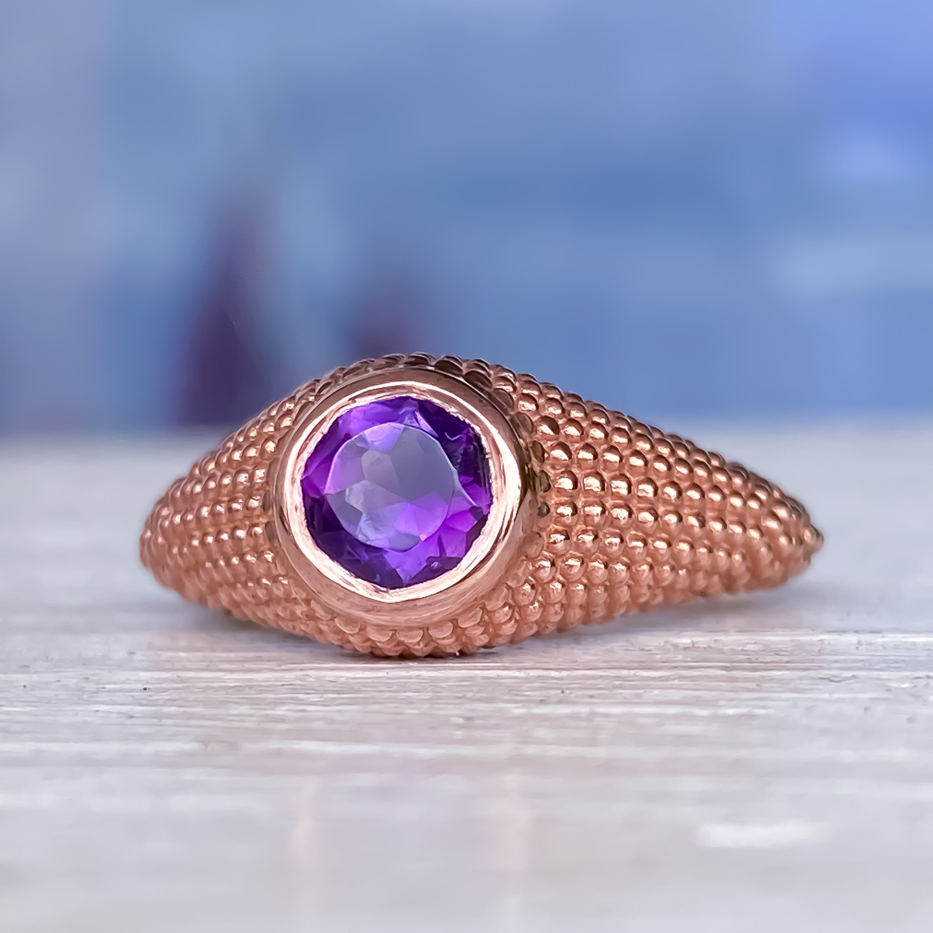 Bague Nubia en or rose avec améthyste violette ronde, taille 7,25 US