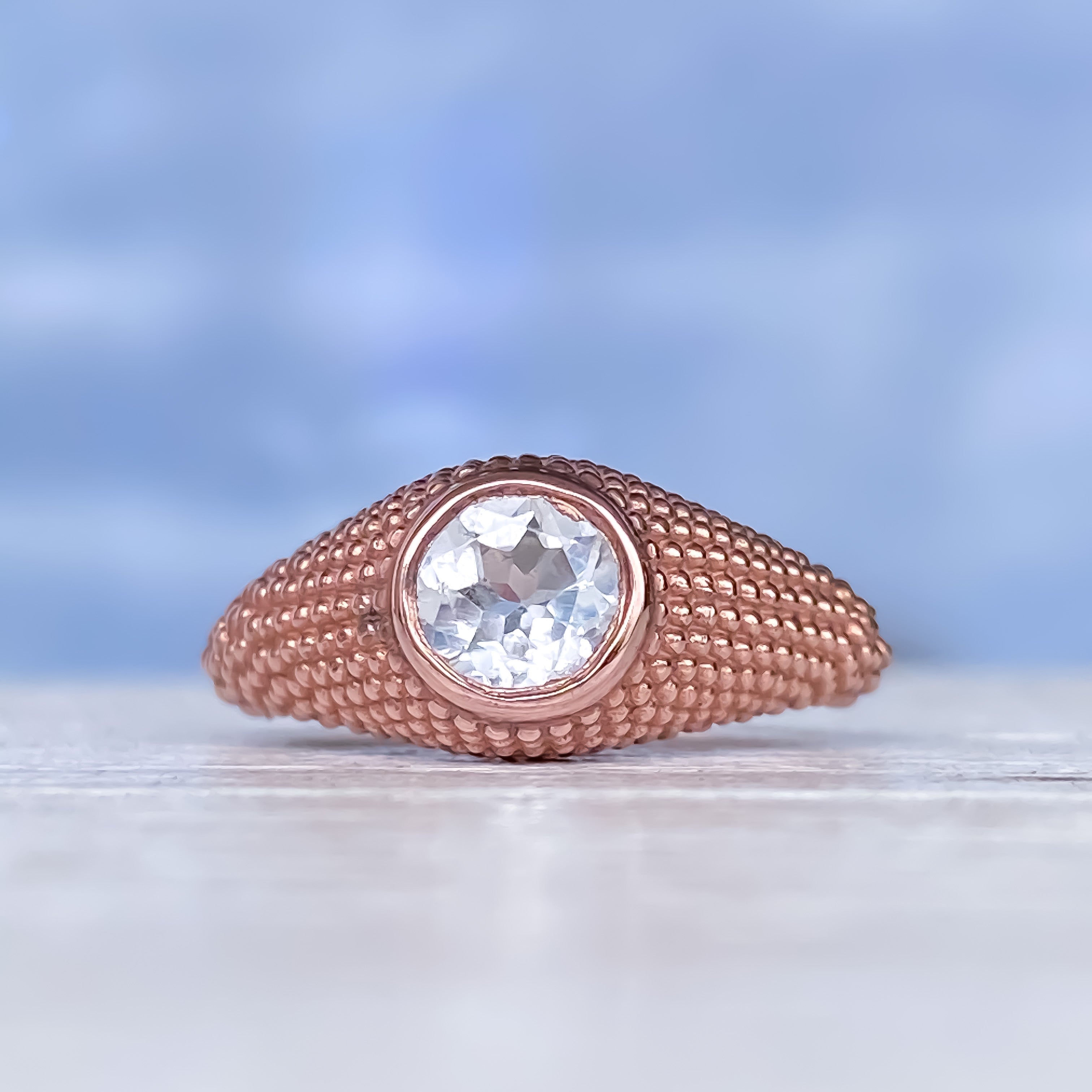 Bague Nubia en or rose et topaze blanche ronde, taille 7,25 US