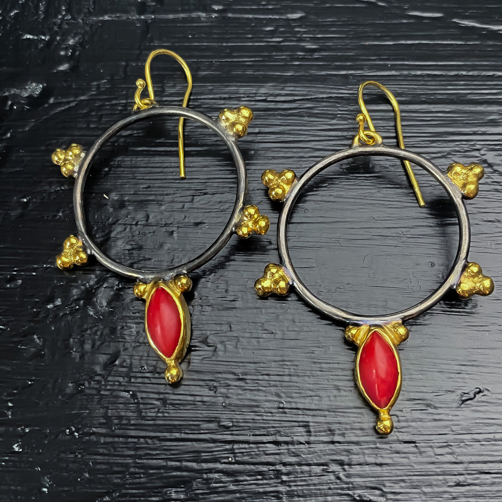 Red Coral Black & Gold Hoop Earrings Sterling Silver