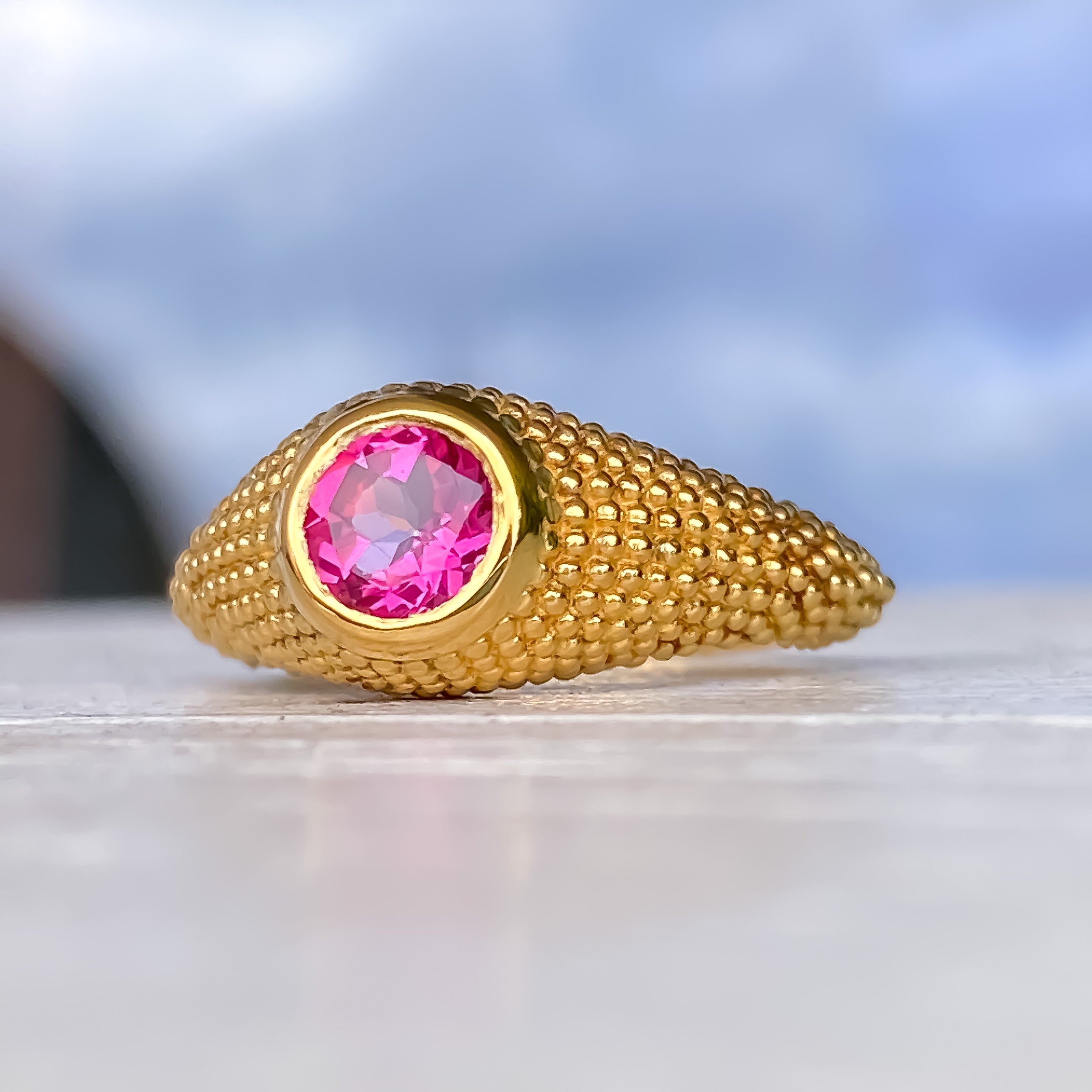 Bague Nubia en or jaune avec topaze rose ronde, taille 7 US
