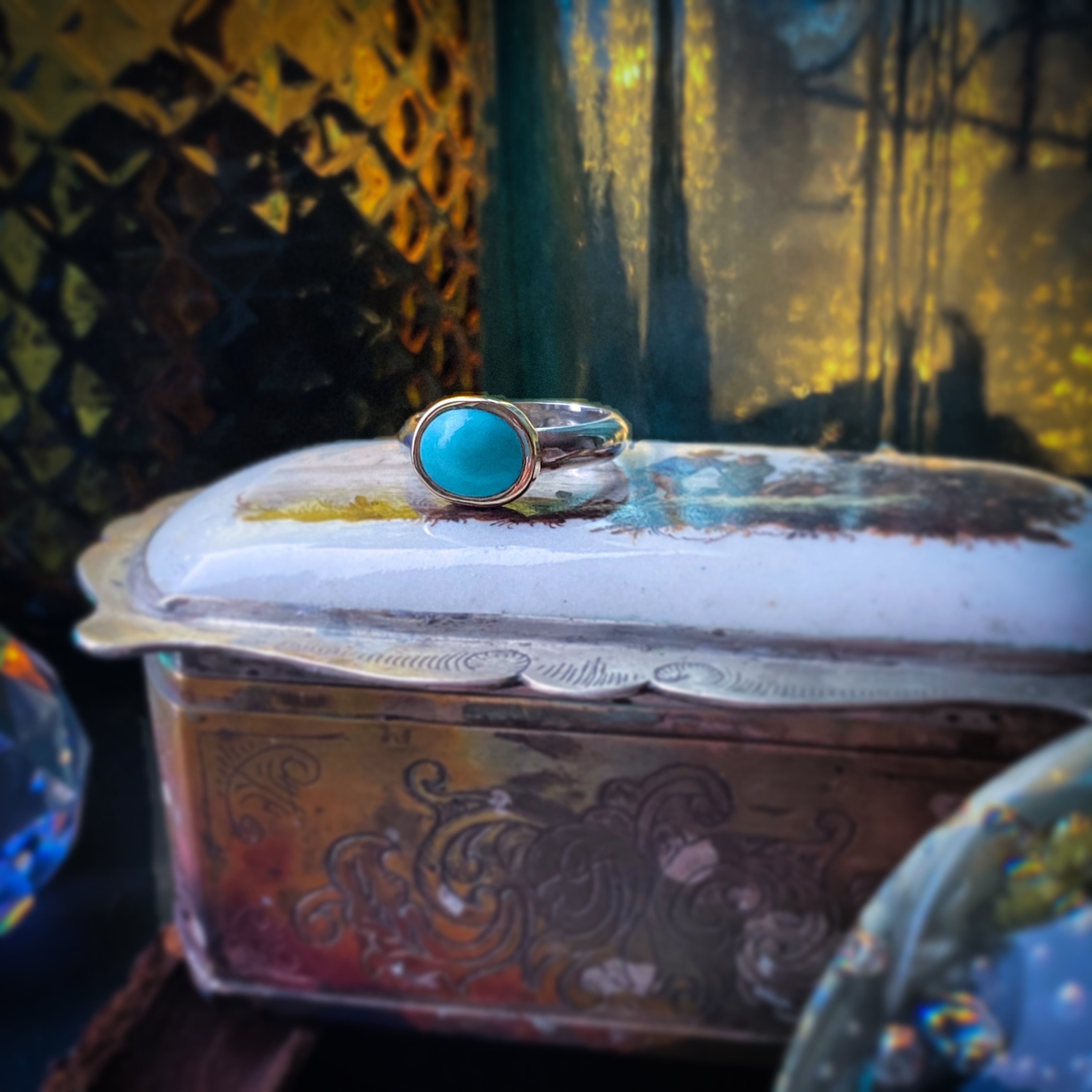 Bague en or 14 carats et argent sterling avec turquoise Sleeping Beauty, taille 6,75-7,75 US