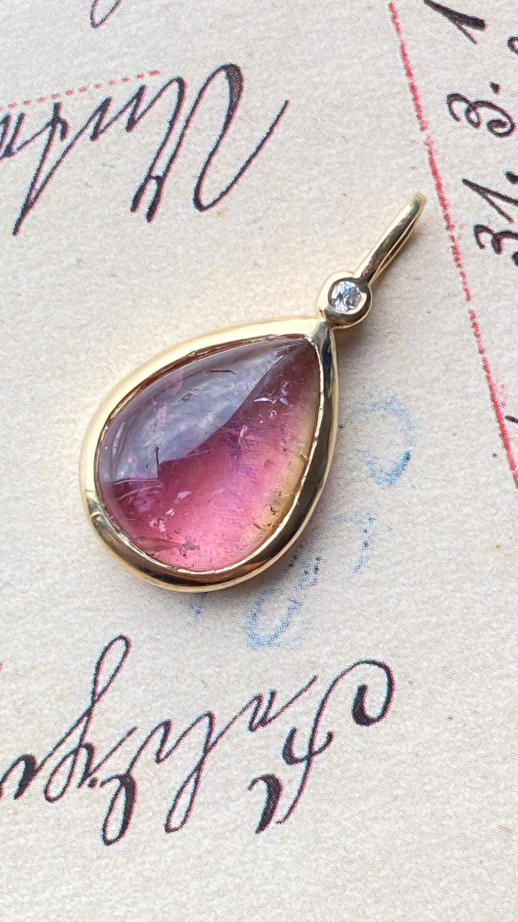 Pendentif en or jaune 14 carats avec tourmaline pastèque et diamants