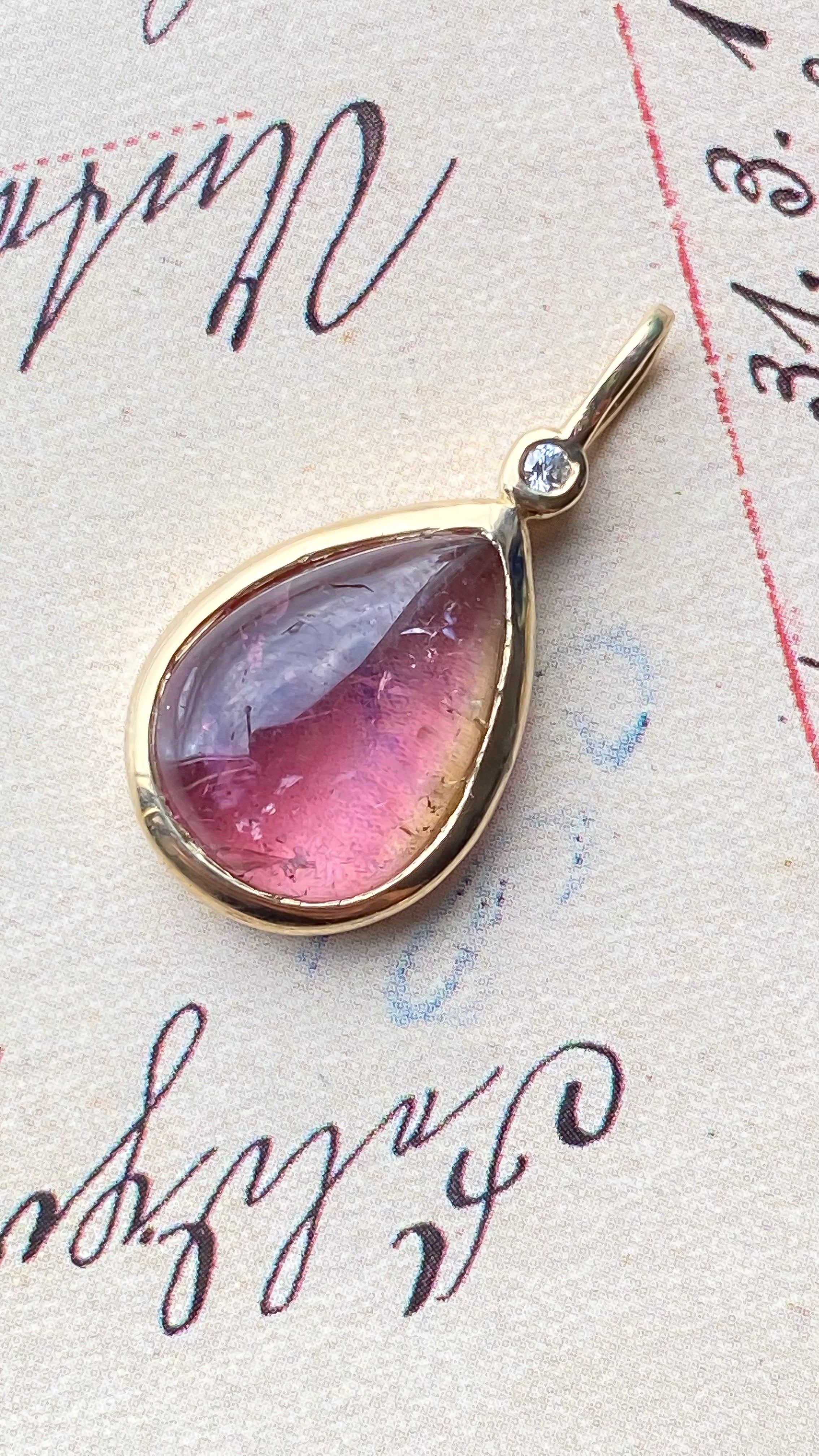 Pendentif en or jaune 14 carats avec tourmaline pastèque et diamants