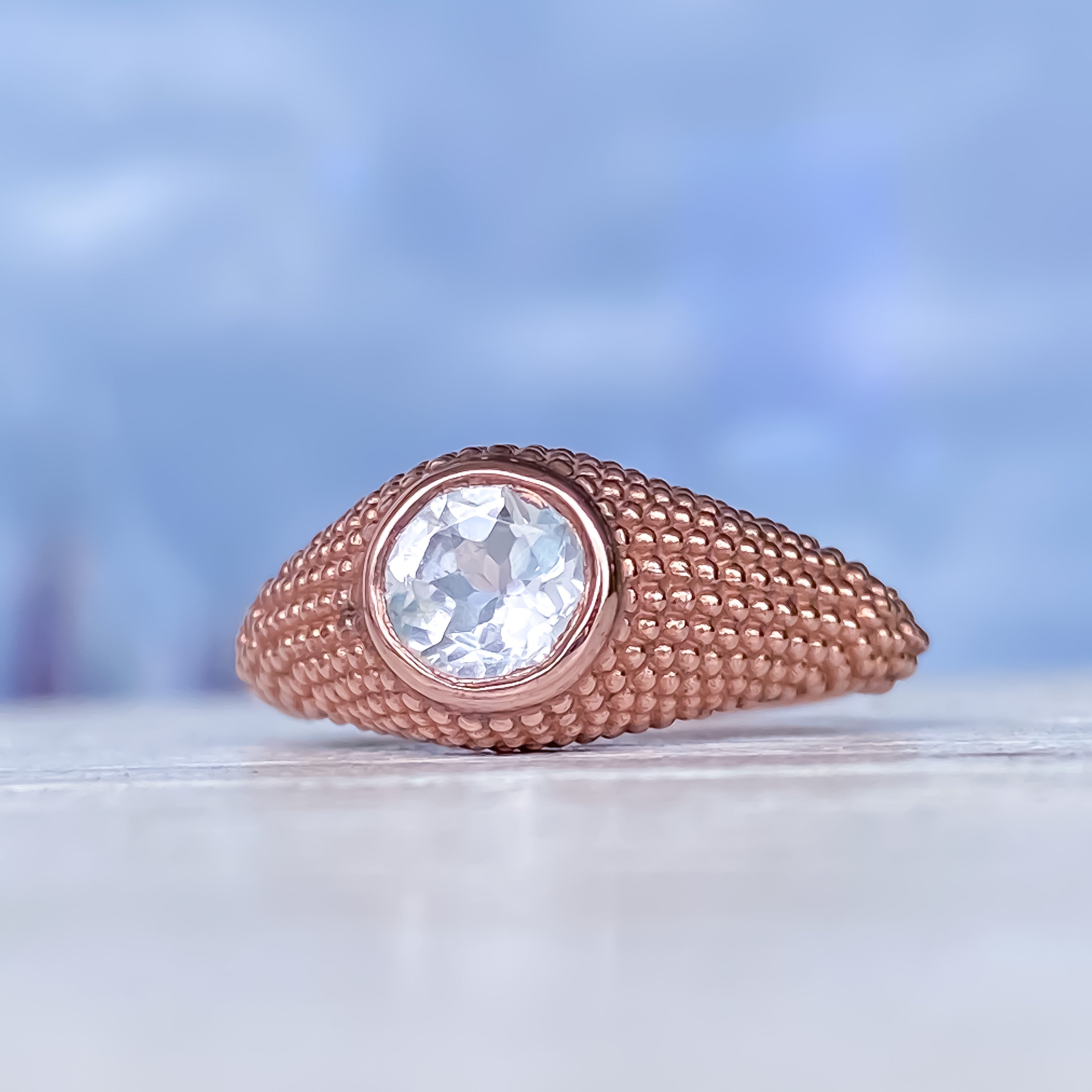 Bague Nubia en or rose et topaze blanche ronde, taille 7,25 US