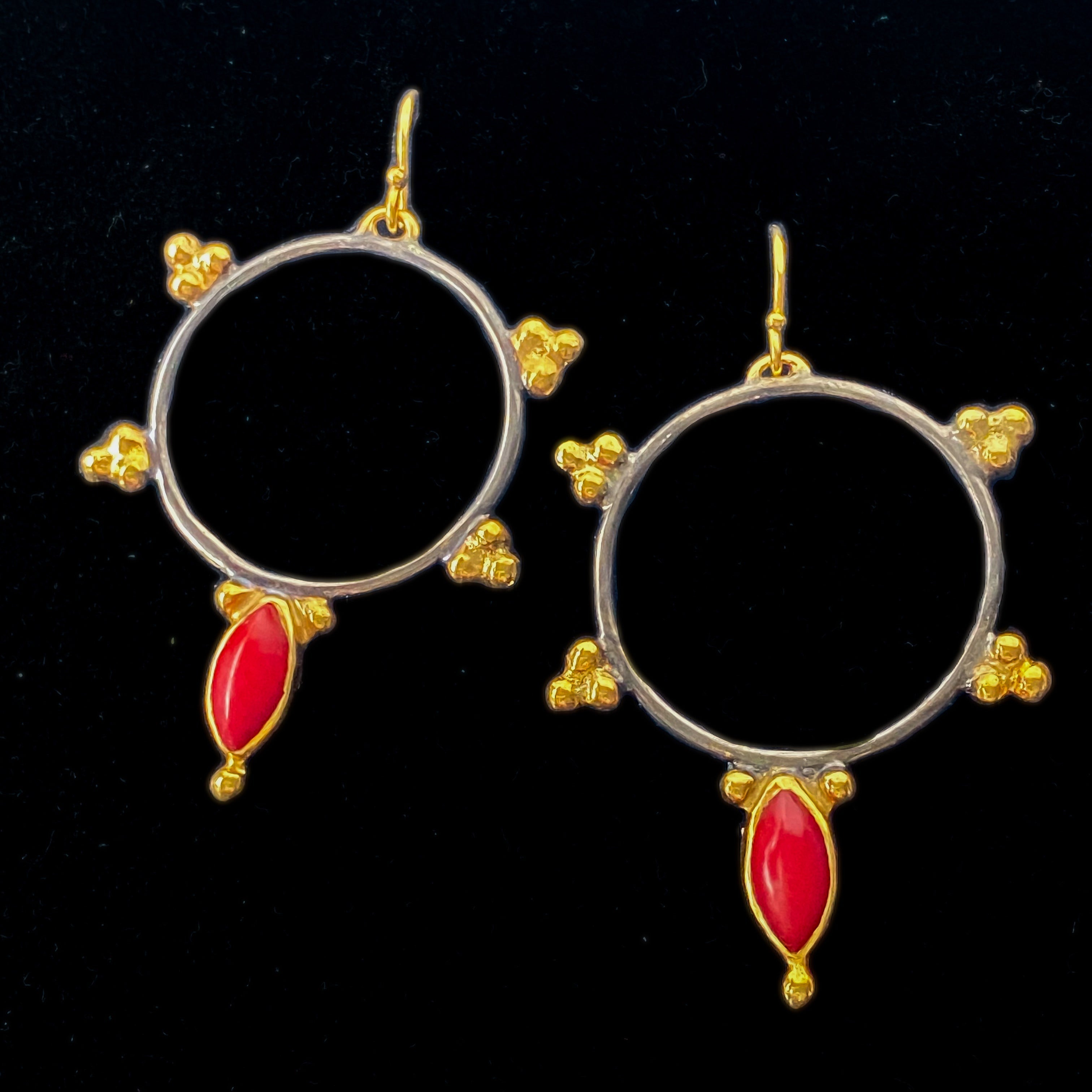 Red Coral Black & Gold Hoop Earrings Sterling Silver