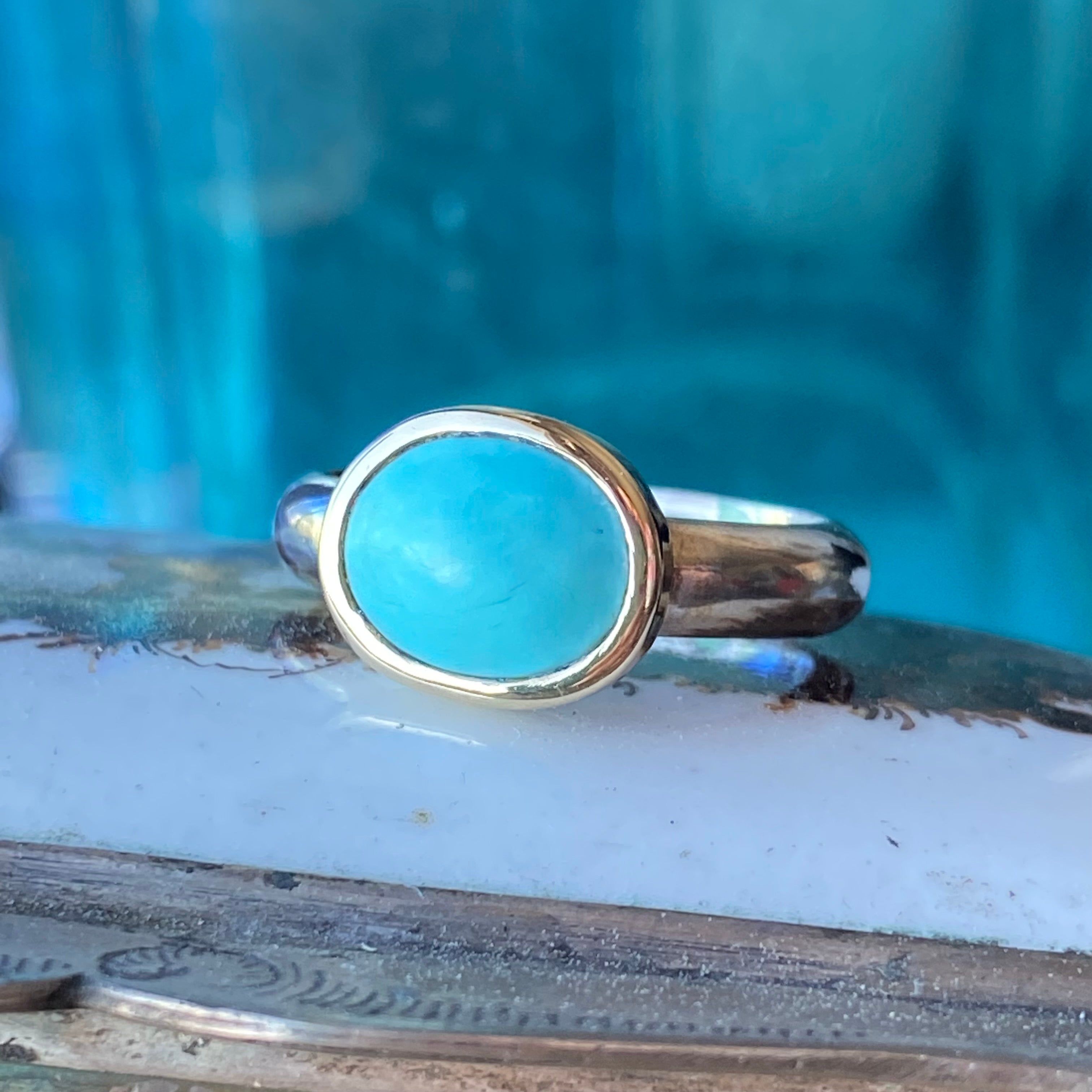Bague en or 14 carats et argent sterling avec turquoise Sleeping Beauty, taille 6,75-7,75 US