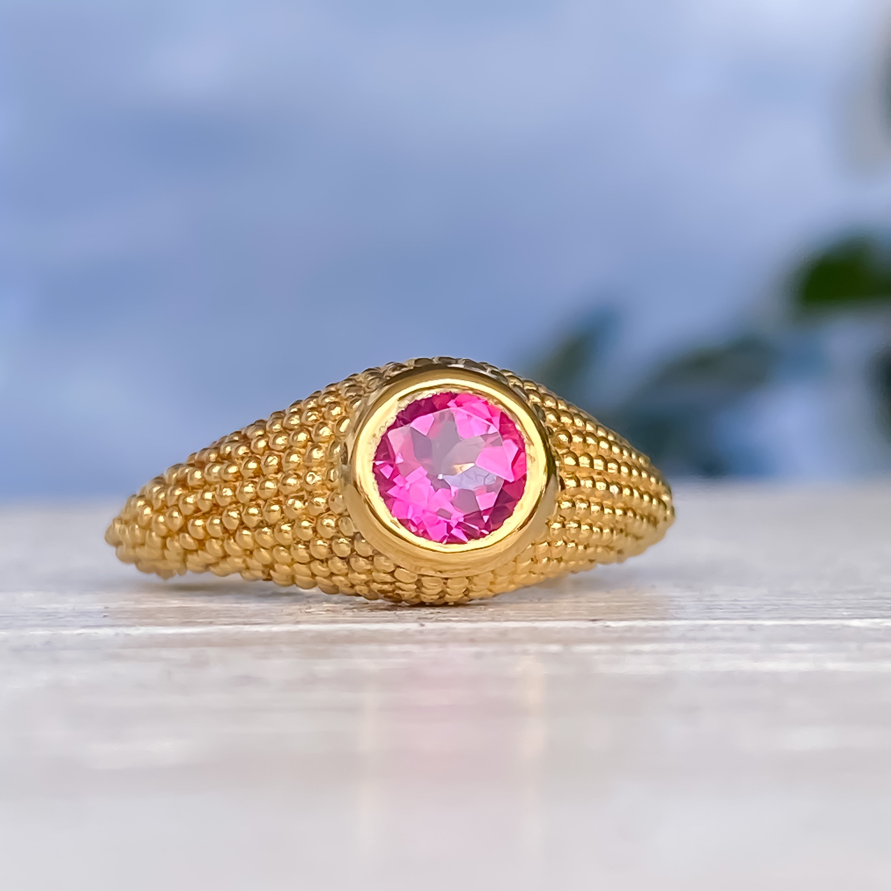 Bague Nubia en or jaune avec topaze rose ronde, taille 7 US