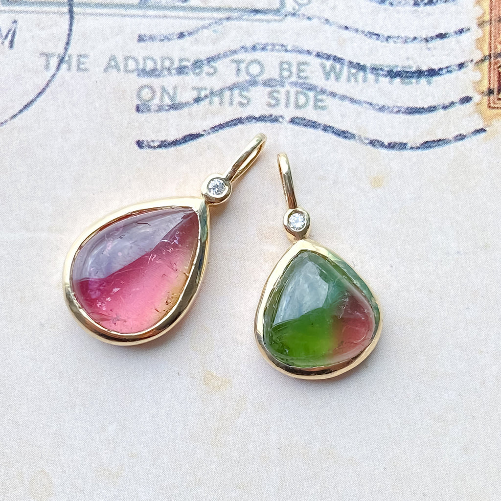 Pendentif en or jaune 14 carats avec tourmaline pastèque et diamants