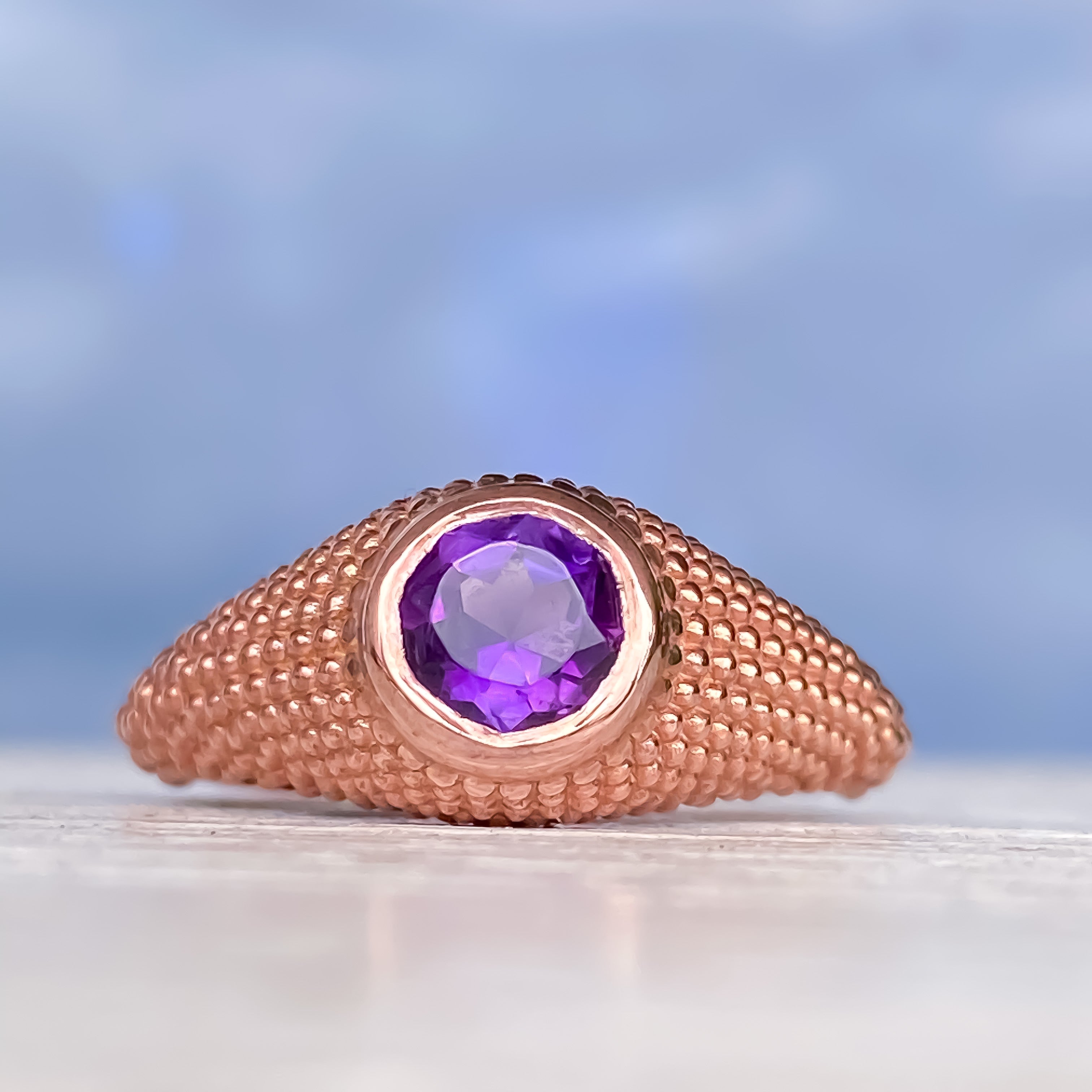 Bague Nubia en or rose avec améthyste violette ronde, taille 7,25 US