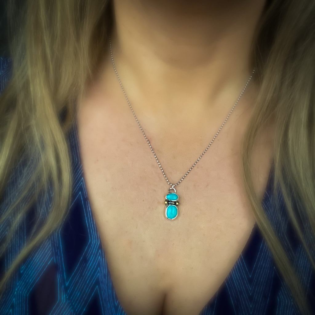 Pendentif double turquoise en argent sterling