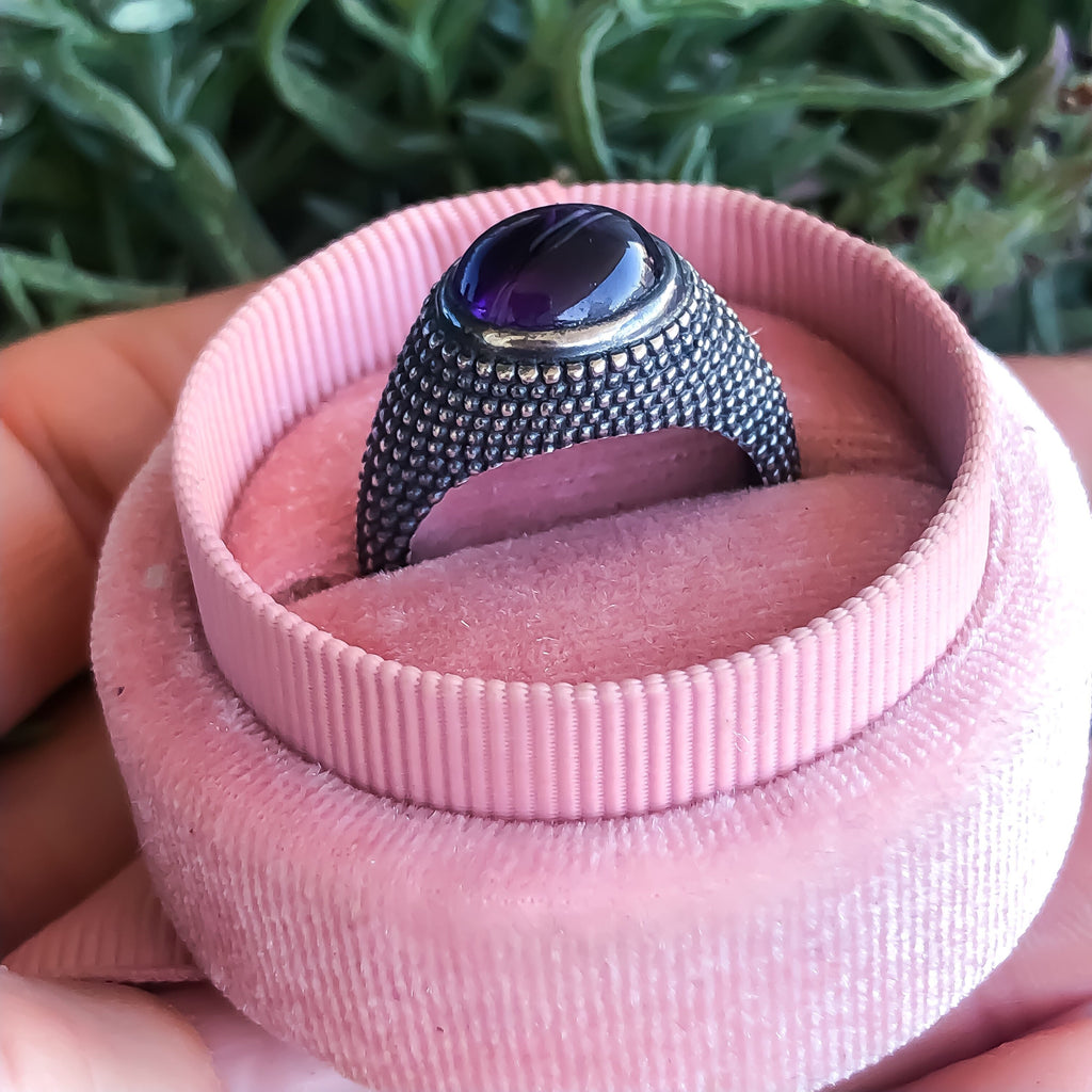 Bague Nubia en argent sterling avec cabochon ovale d'améthyste, taille 7 US